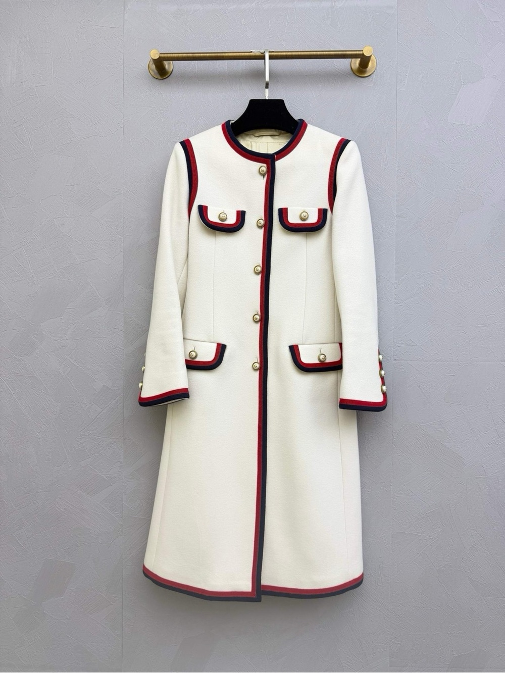 Gucci Cream Long Coat with Red & Navy Trim